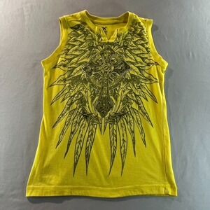SK Apparel Youth L (10/12) Graphic Yellow Tank Top Cross‎ Wings Tattoo Style